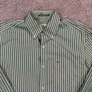 Lacoste Button Down Shirt 38 Green Striped Long Sleeve Pocket Logo Classic Fit